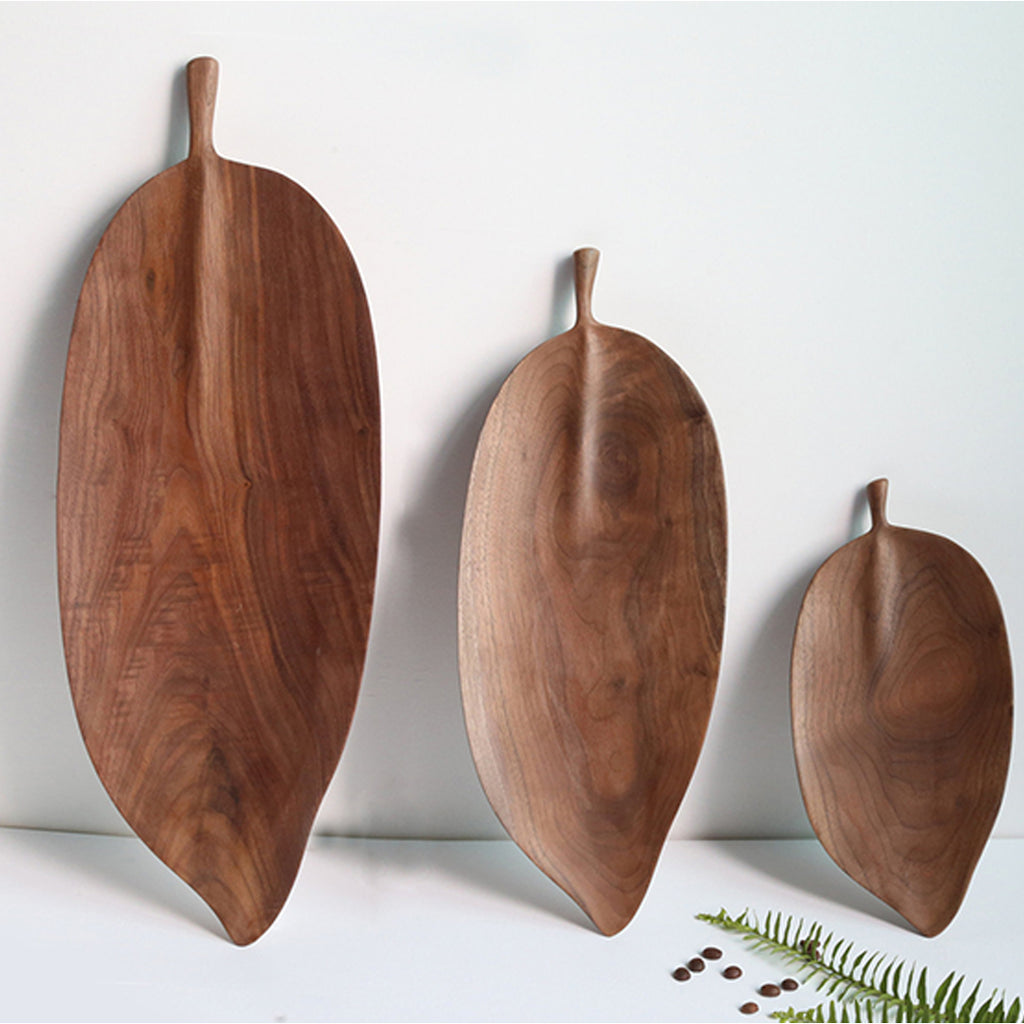 Set of 2 Walnut Leaf Shape Wooden Tray