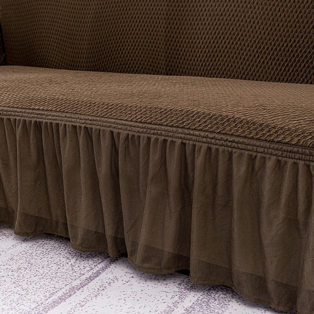 Coffee Colored 4- Seater Sofa Cover with Ruffled Skirt