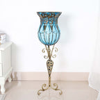85cm Blue Glass Floor Vase with Tall Metal Stand