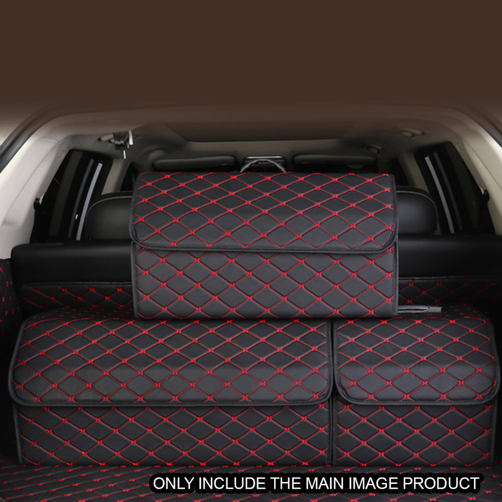 Leather Car Boot Foldable Trunk Cargo Organizer Box Black/Red Stitch Medium