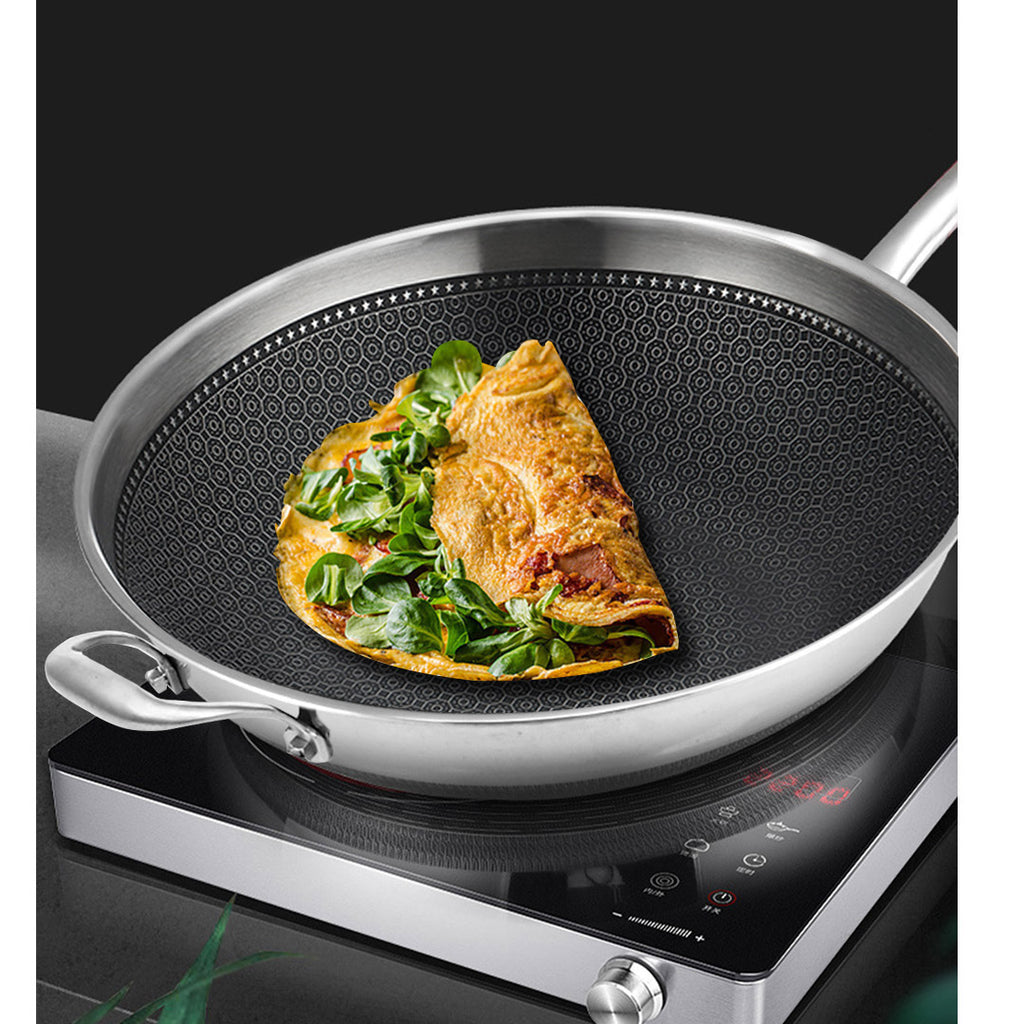 18/10 Stainless Steel 32cm Frying Pan Non Stick Interior with Helper Handle and Lid