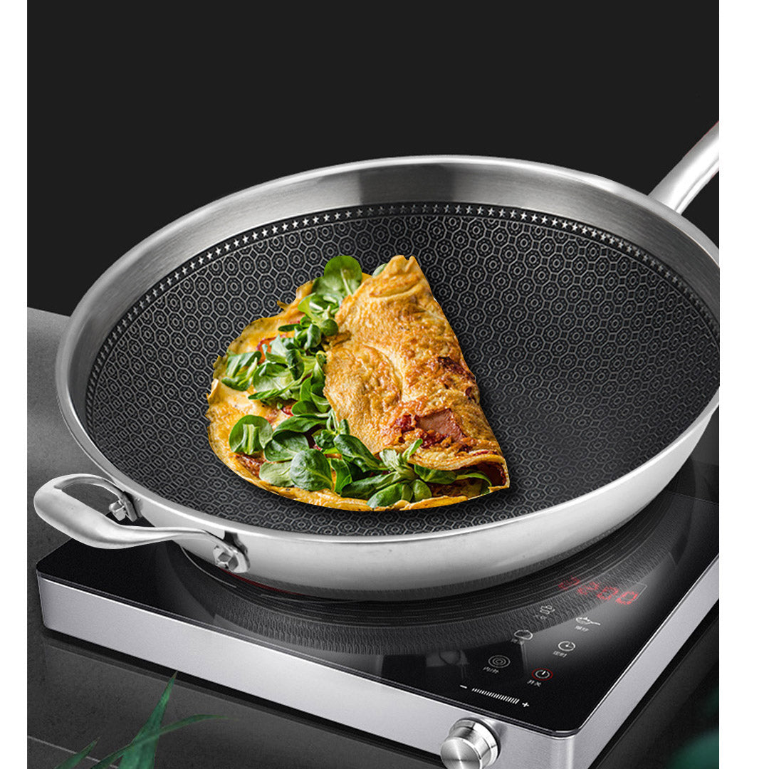 18/10 Stainless Steel 32cm Frying Pan Non Stick Interior with Helper Handle and Lid