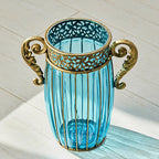 Blue Glass Flower Vase with 8 Bunch 5 Heads Artificial Silk Rose Set