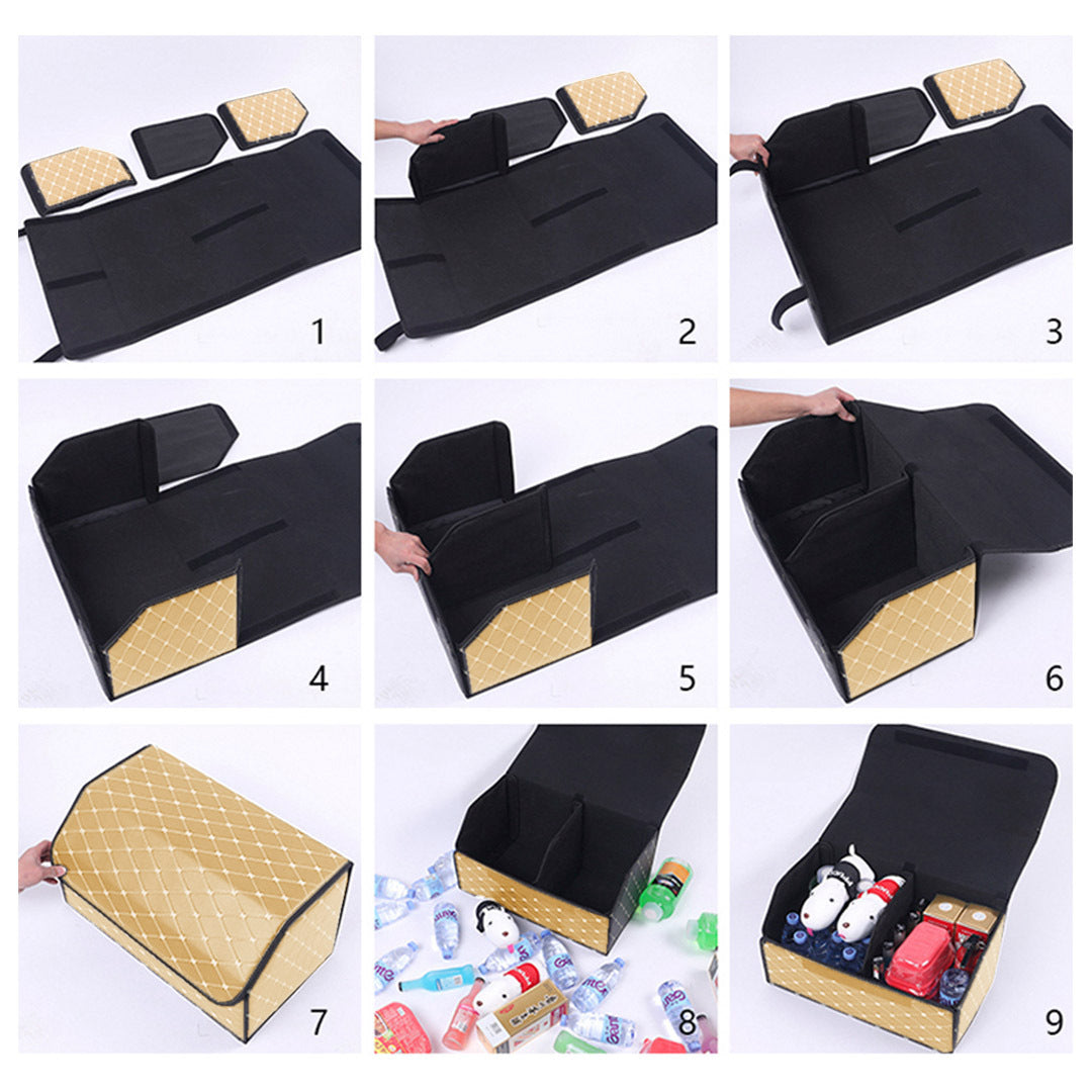 Leather Car Boot Foldable Trunk Cargo Organizer Box Beige/Gold Stitch Medium