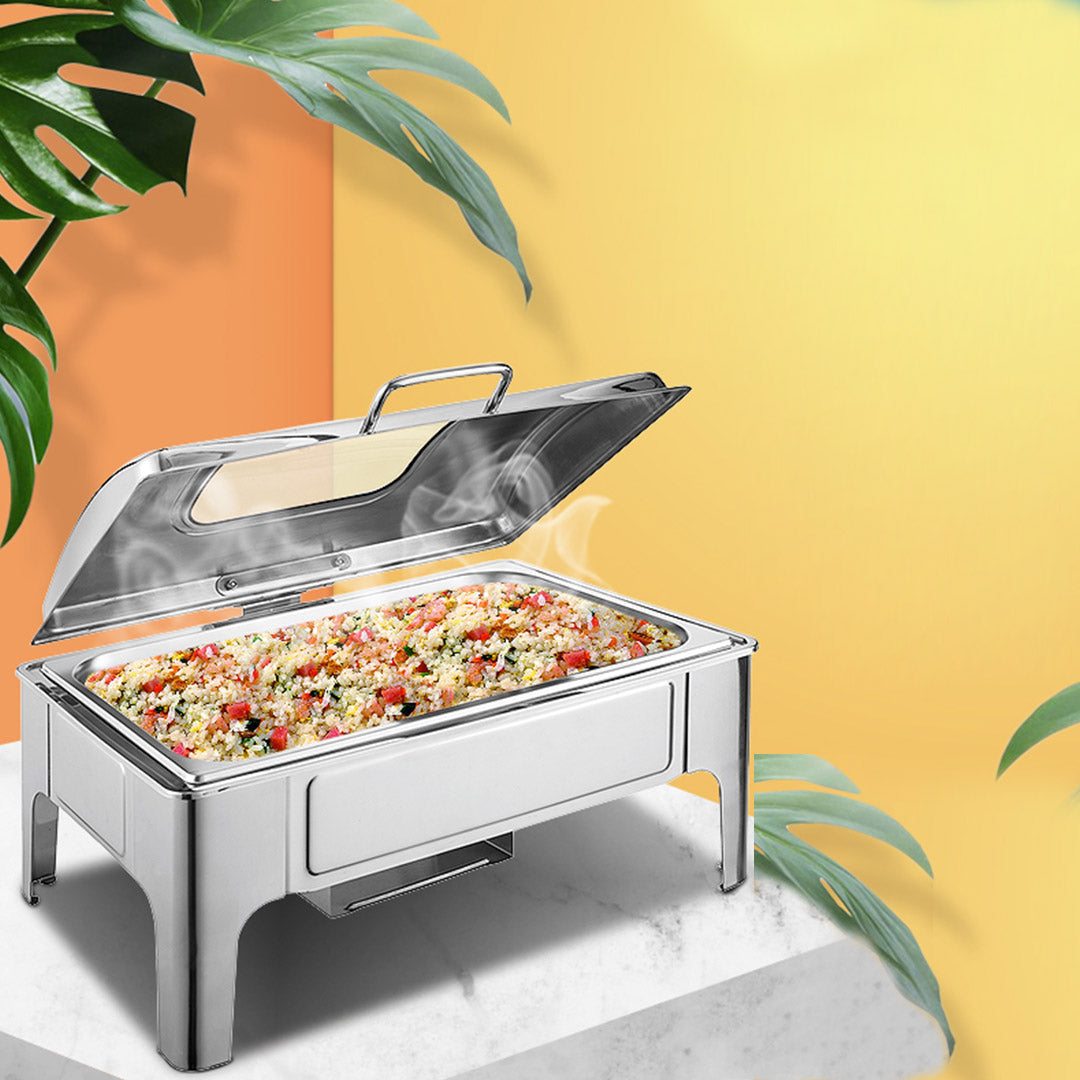 9L Rectangular Stainless Steel Chafing Dish Set with Glass Lid