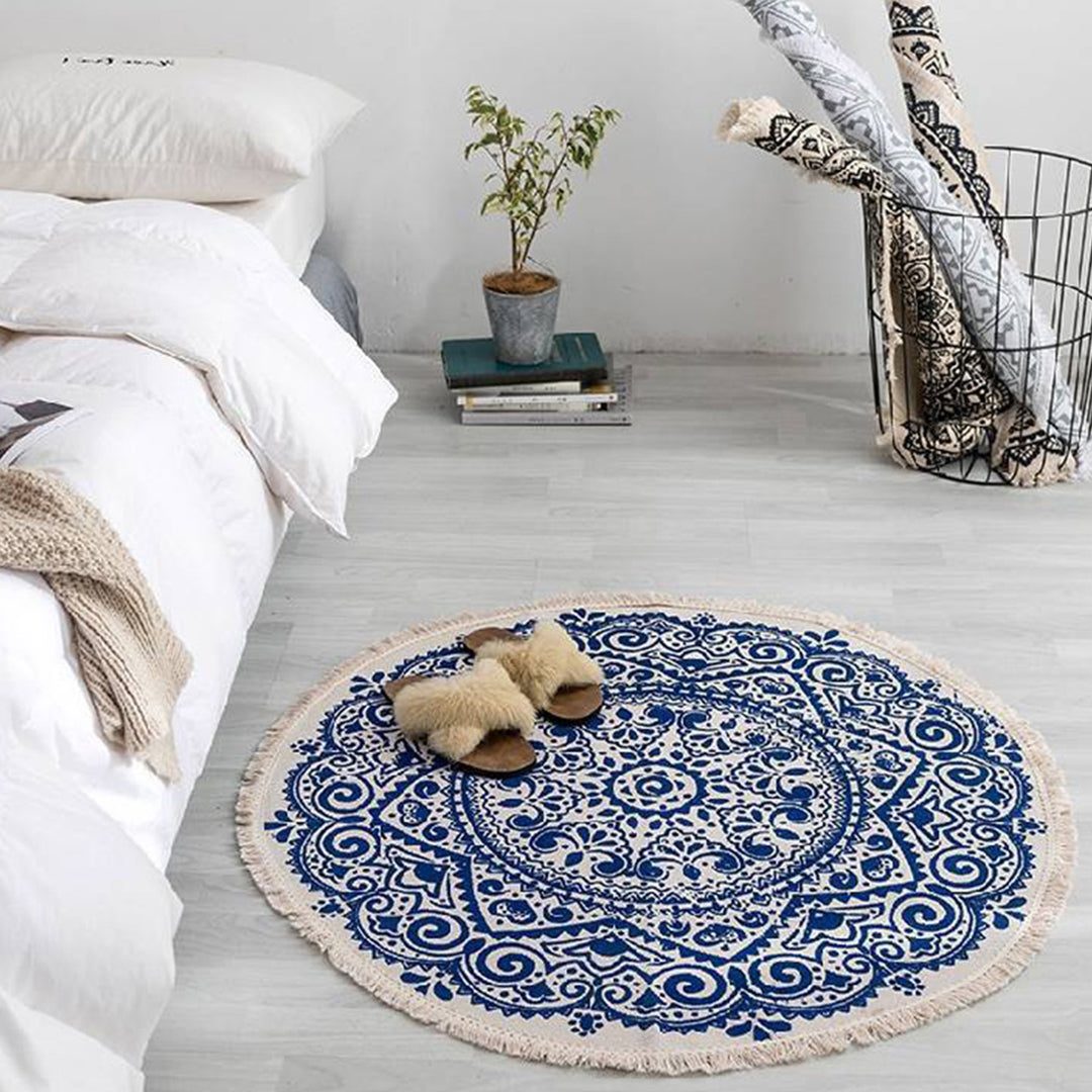 Blue Carpet Soft Linen Bohemian Non-Slip Round Rug