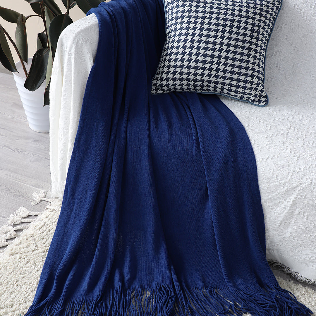 Royal Blue Acrylic Knitted Throw Blanket