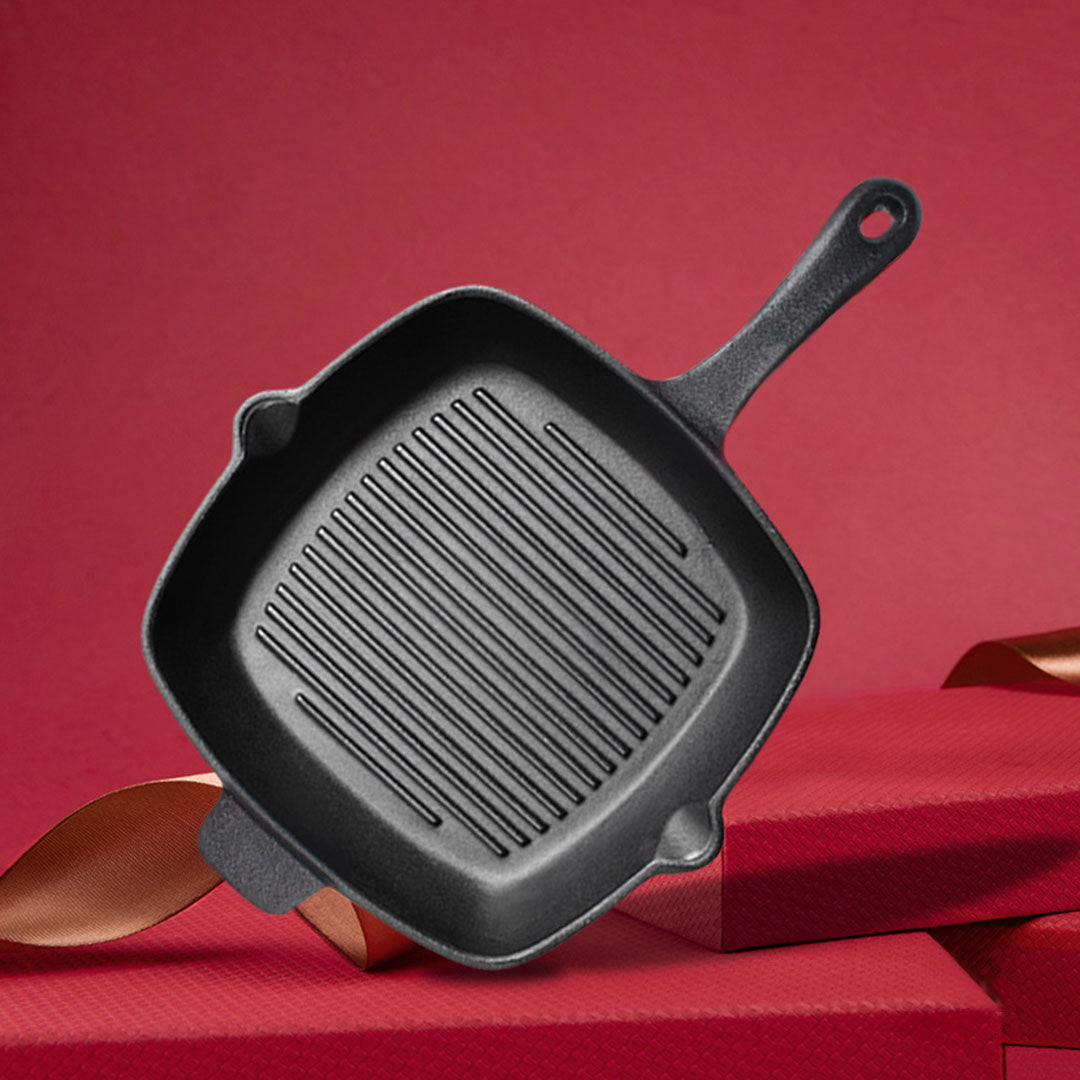 26cm Square Ribbed Cast Iron Frying Pan with Handle
