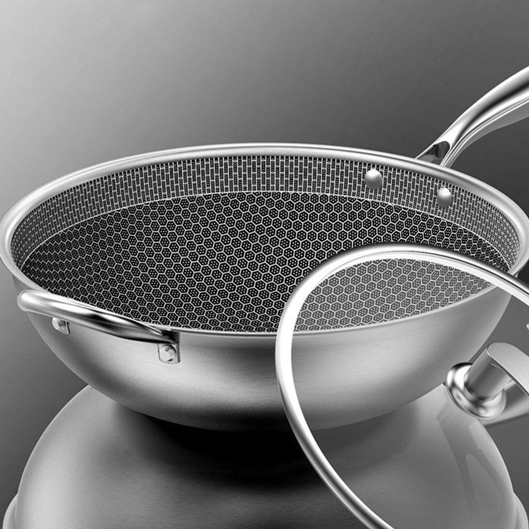 34cm Stainless Steel Frying Pan with Glass Lid and Helper Handle