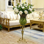 85cm Green Glass Floor Vase with Tall Metal Stand