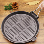 24cm Round Ribbed Cast Iron Skillet Pan with Folding Wooden Handle