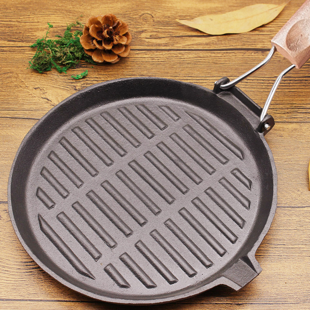 24cm Round Ribbed Cast Iron Skillet Pan with Folding Wooden Handle