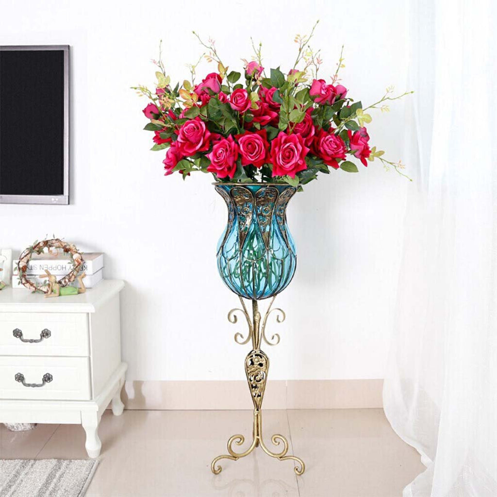 85cm Blue Glass Floor Vase with Tall Metal Stand