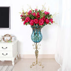 85cm Blue Glass Floor Vase with Tall Metal Stand