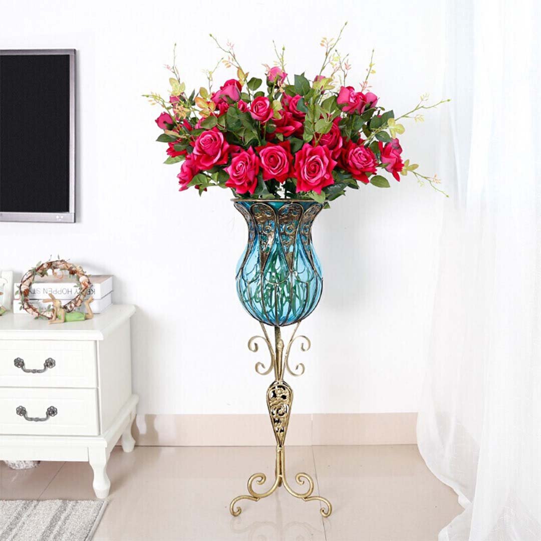 85cm Blue Glass Floor Vase with Tall Metal Stand
