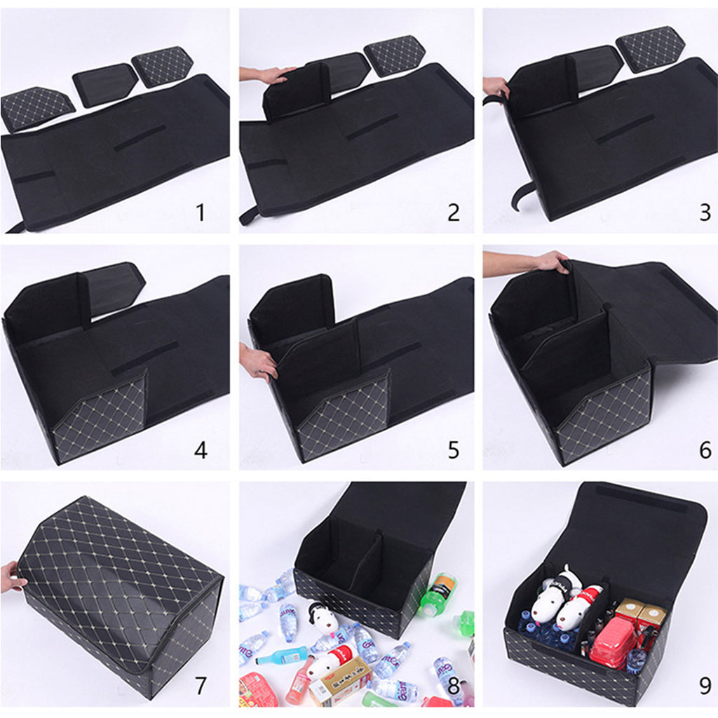 Leather Car Boot Foldable Trunk Cargo Organizer Box Black/Gold Stitch Small