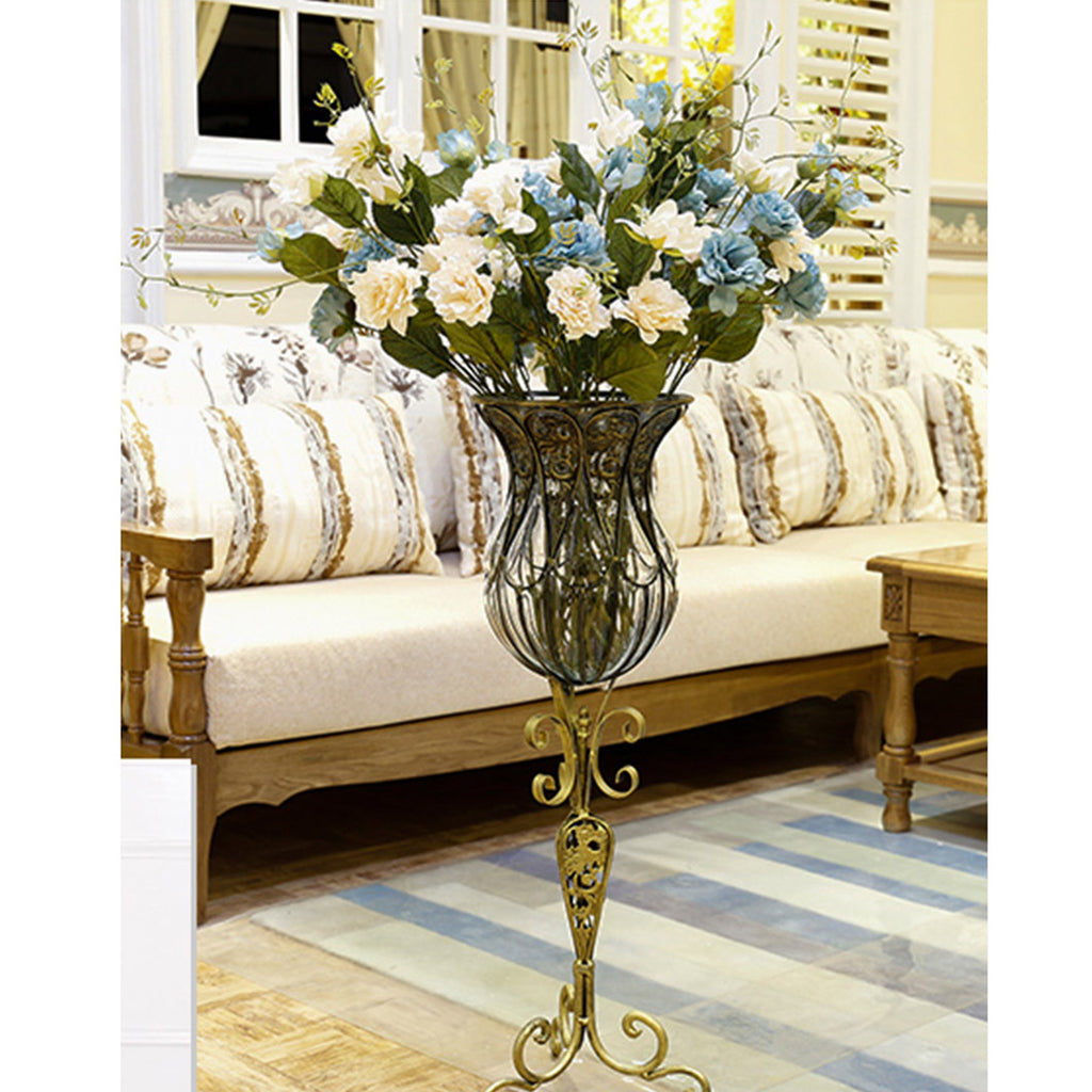 85cm European Clear Glass Floor Flower Vase with Tall Metal Stand