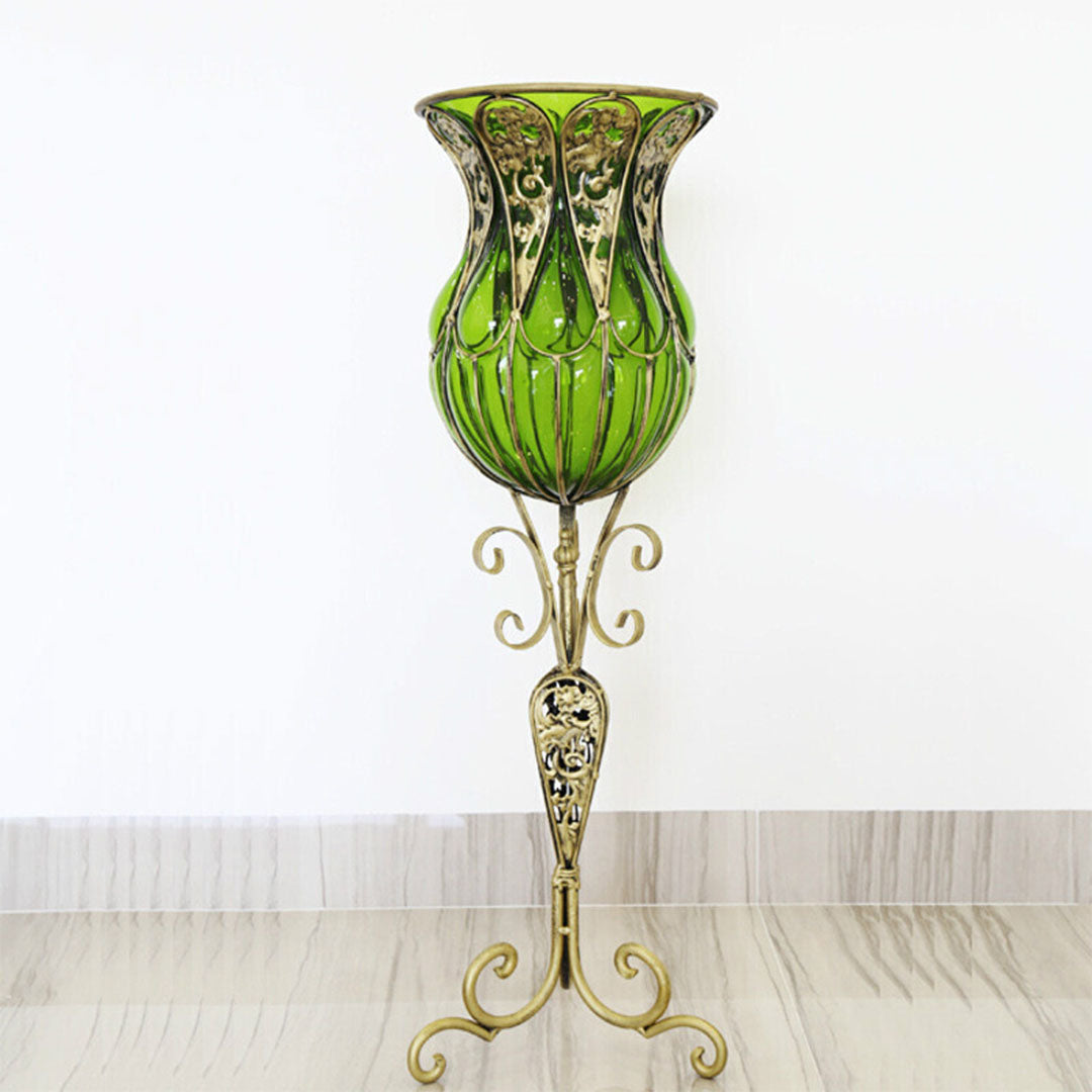 85cm Green Glass Floor Vase and 12pcs Dark Pink Artificial Flower Set