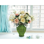Green European Glass Flower Vase with Two Metal Handle