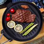 24cm Round Ribbed Cast Iron Skillet Pan with Folding Wooden Handle