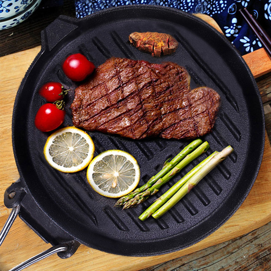 24cm Round Ribbed Cast Iron Skillet Pan with Folding Wooden Handle
