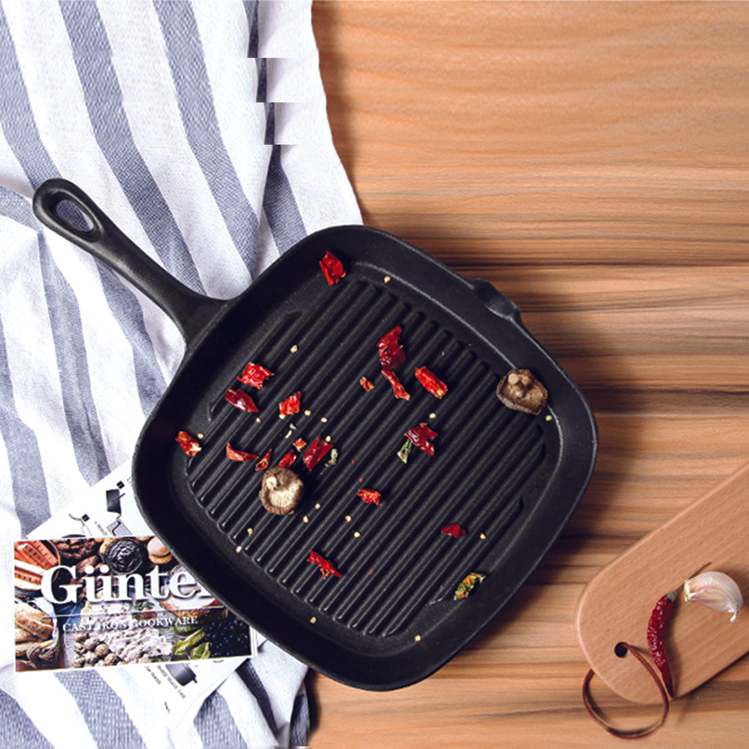 SOGA 23.5cm Square Ribbed Cast Iron Frying Pan with Handle