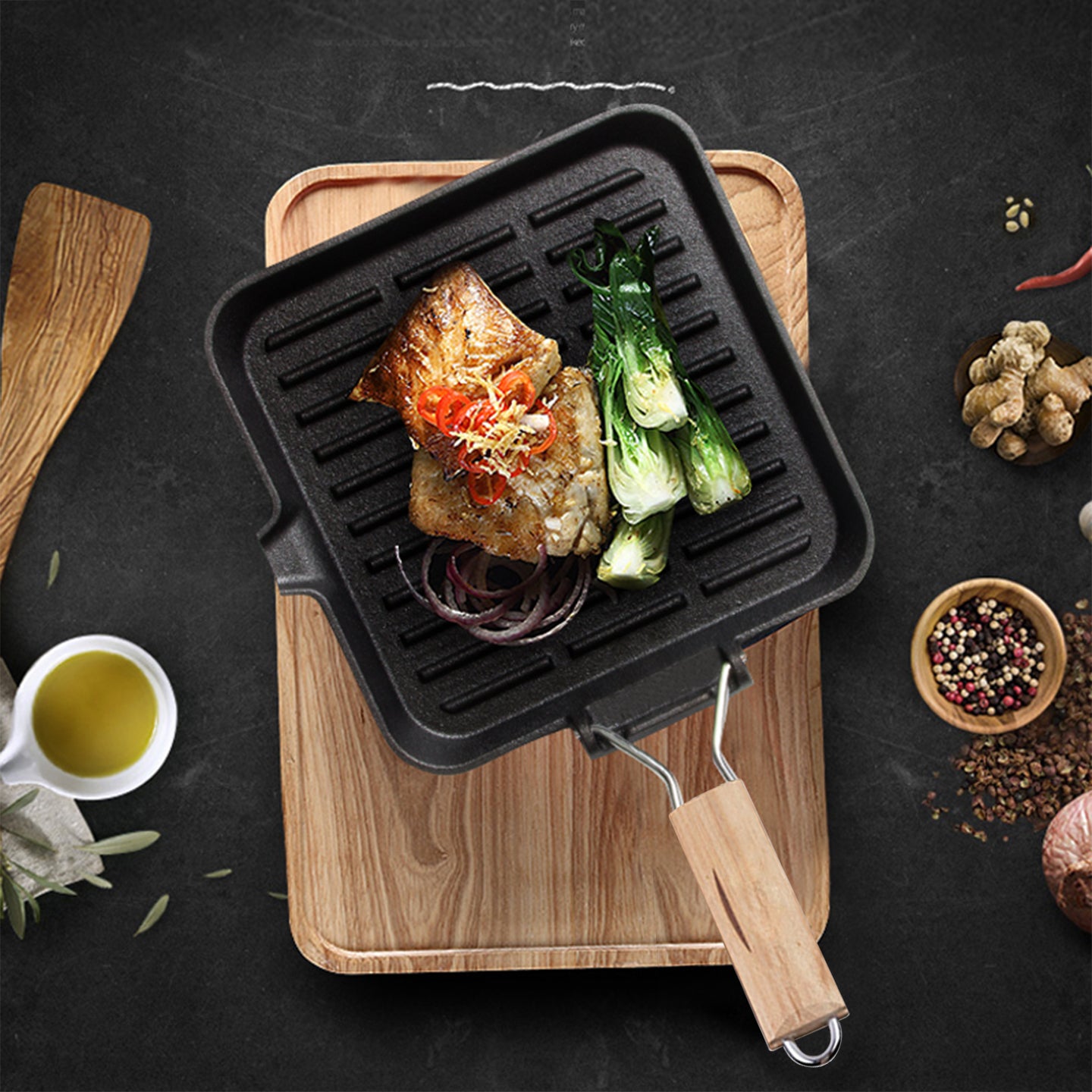 SOGA 28cm Ribbed Cast Iron Square Steak Frying Pan