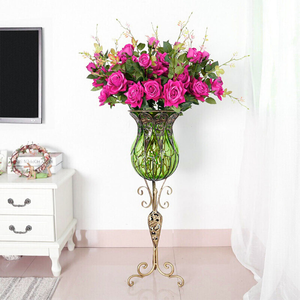 85cm Green Glass Floor Vase and 12pcs Dark Pink Artificial Flower Set