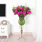 85cm Green Glass Floor Vase and 12pcs Dark Pink Artificial Flower Set