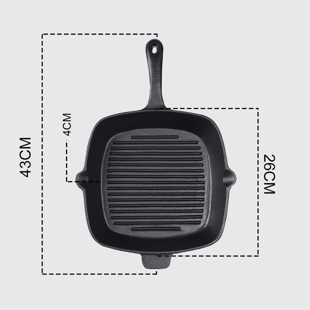 26cm Square Ribbed Cast Iron Frying Pan with Handle