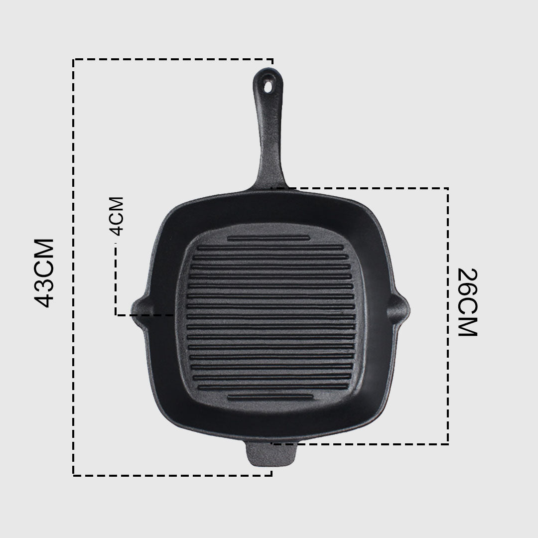 26cm Square Ribbed Cast Iron Frying Pan with Handle