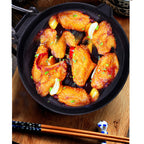 24cm Round Ribbed Cast Iron Skillet Pan with Folding Wooden Handle