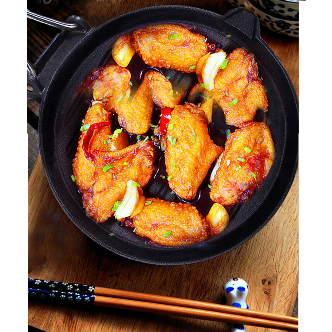 24cm Round Ribbed Cast Iron Skillet Pan with Folding Wooden Handle