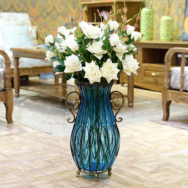 51cm Blue Glass Floor Vase with 12pcs White Artificial Flower Set