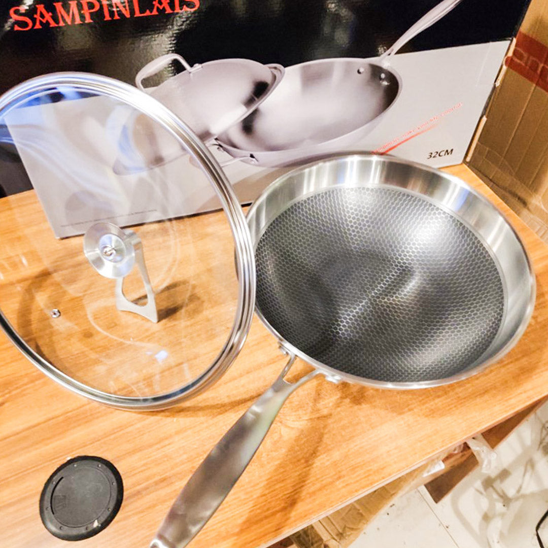 34cm Stainless Steel Frying Pan with Glass Lid and Helper Handle