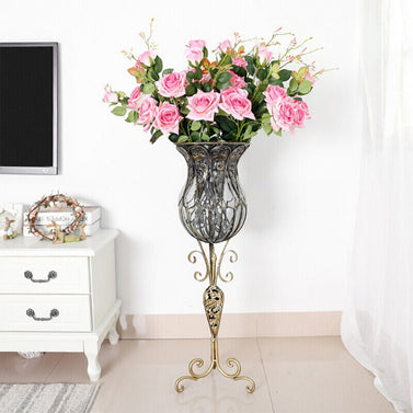 85cm Clear Glass Floor Vase with 12pcs Pink Artificial Flower Set