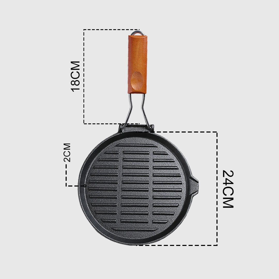 24cm Round Ribbed Cast Iron Skillet Pan with Folding Wooden Handle