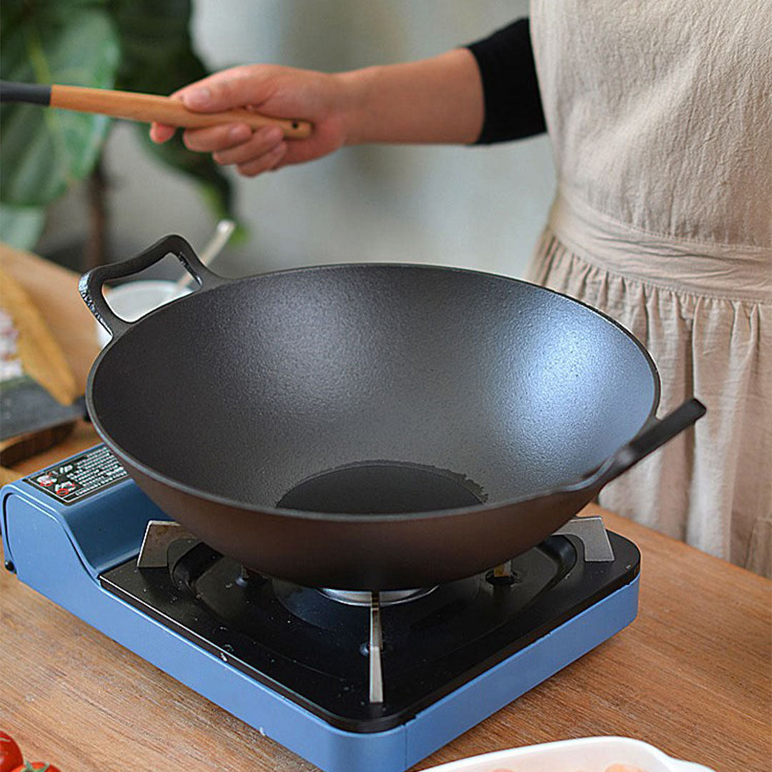 32cm Cast Iron Wok Fry Pan with Double Handle