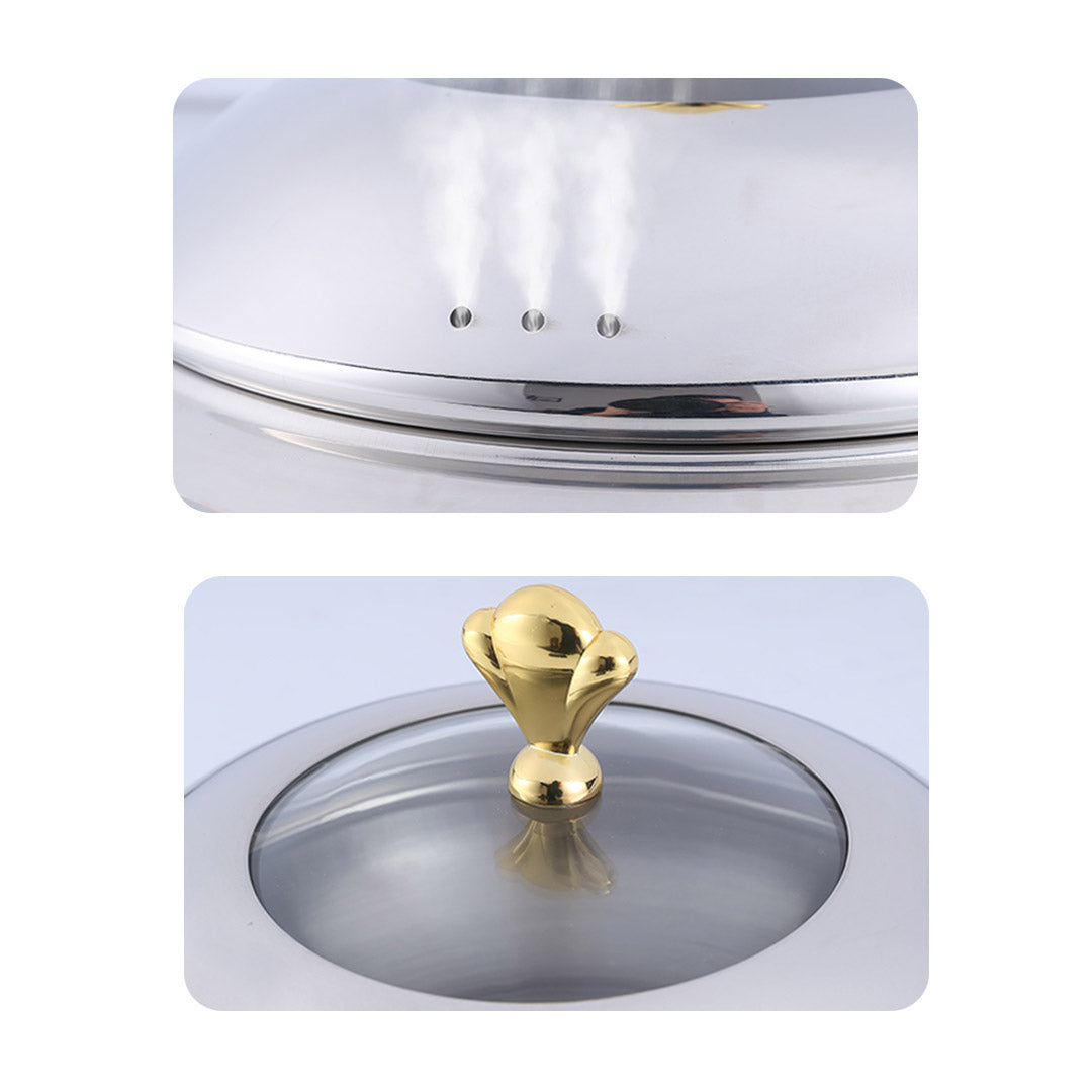 Stainless Steel Gold Accents Round Chafing Dish with Glass Top Lid