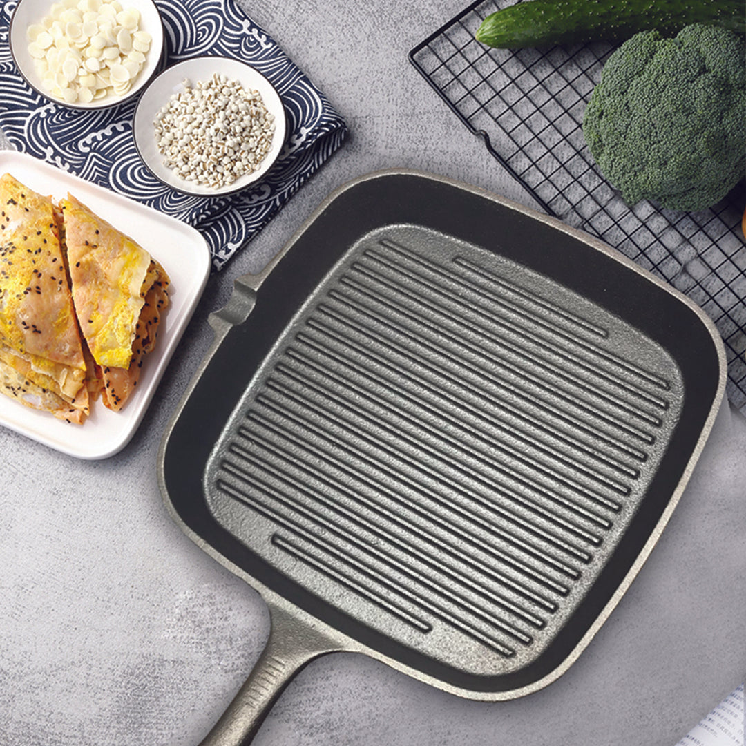 SOGA 23.5cm Square Ribbed Cast Iron Frying Pan with Handle