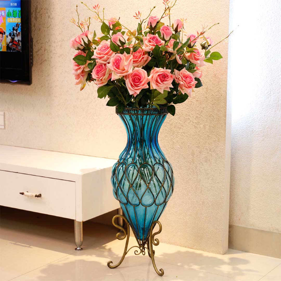 67cm Green Glass Floor Vase and 12pcs Pink Artificial Flower Set
