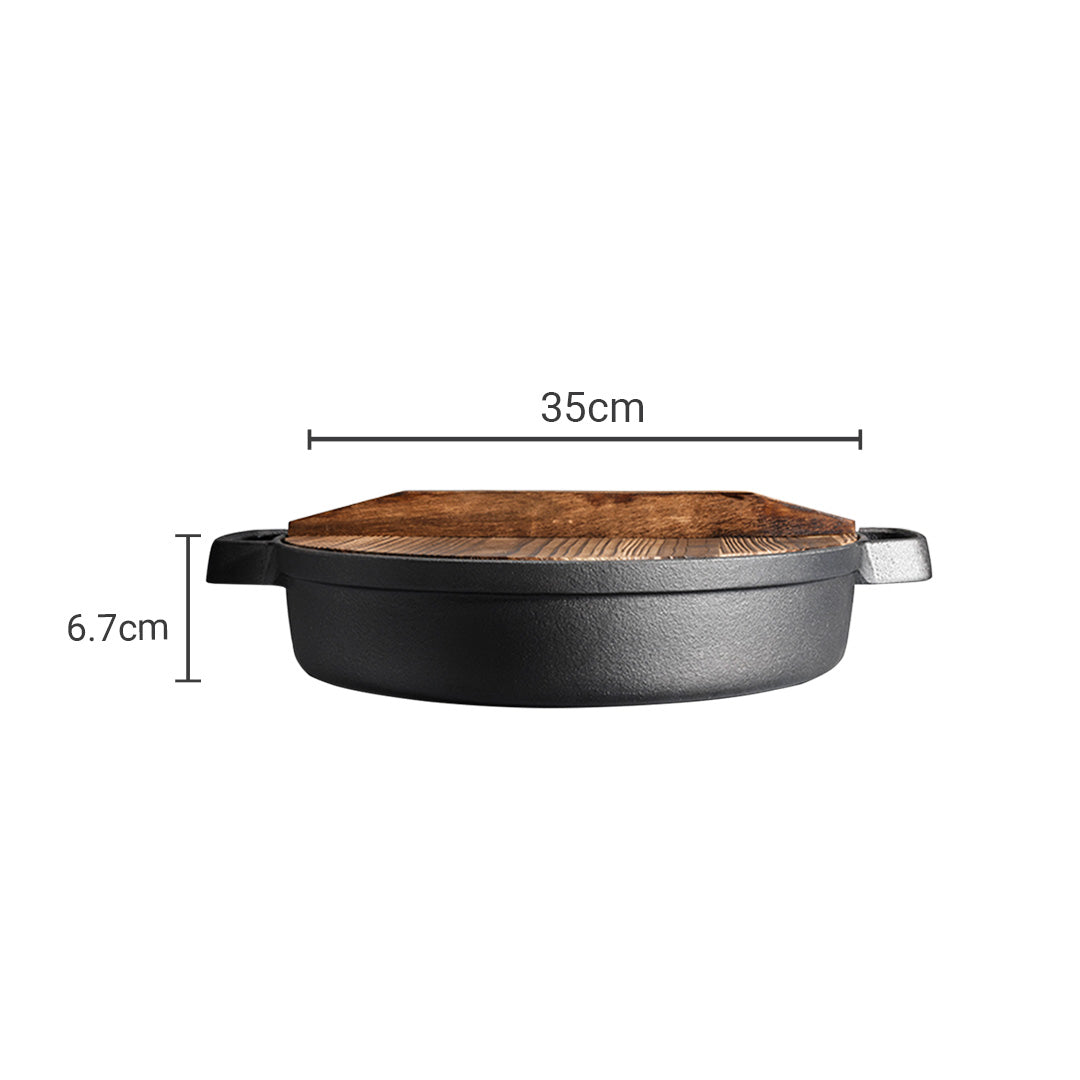 35cm Round Cast Iron Frying Pan with Wooden Lid