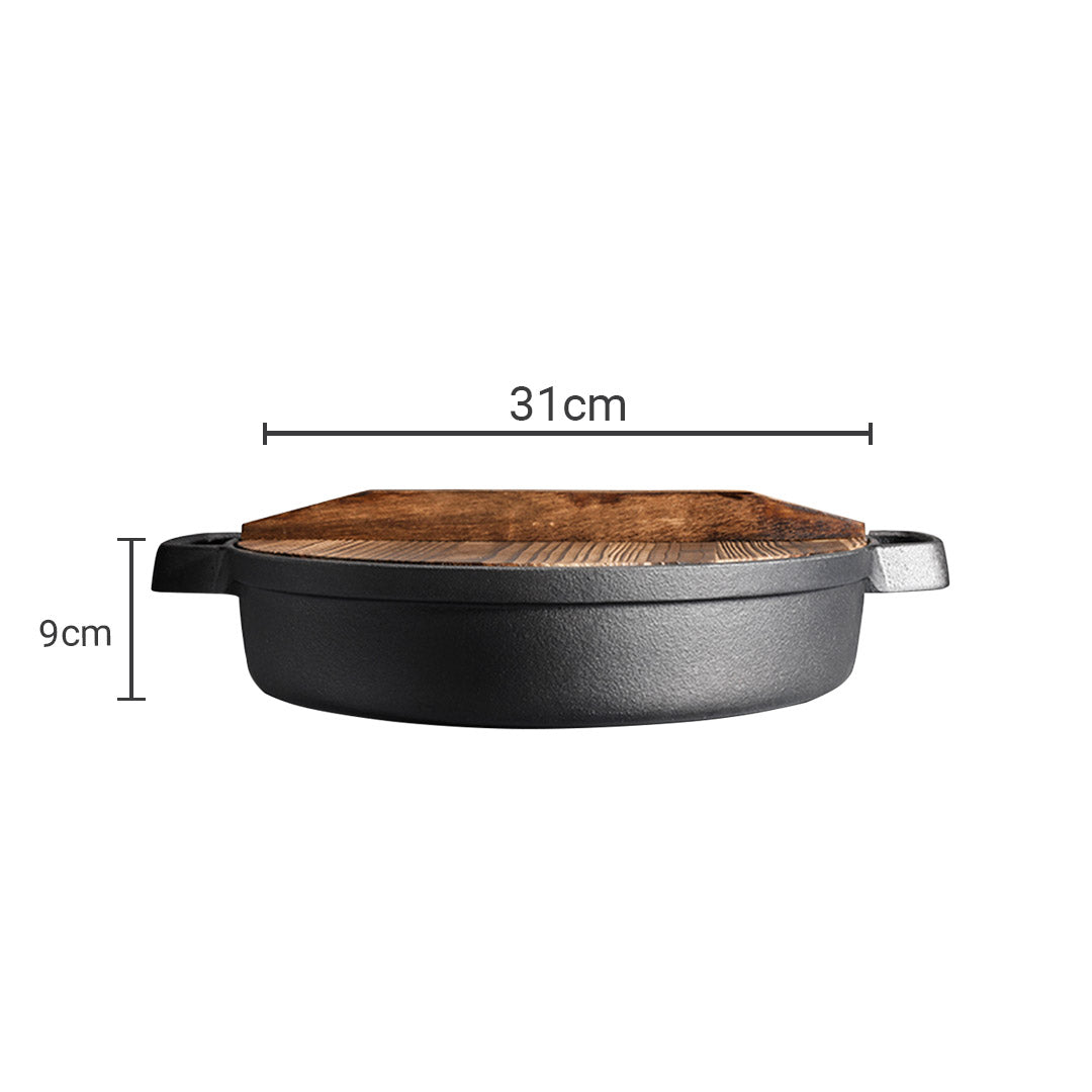 31cm Round Cast Iron Frying Pan with Wooden Lid