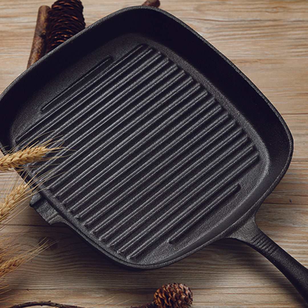 SOGA 23.5cm Square Ribbed Cast Iron Frying Pan with Handle
