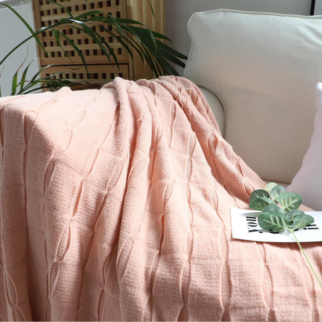 Pink Textured Knitted Throw Blanket