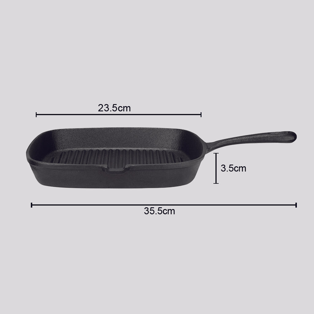 SOGA 23.5cm Square Ribbed Cast Iron Frying Pan with Handle