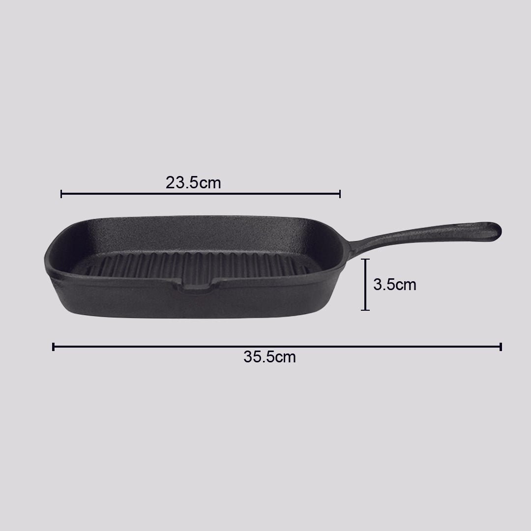 SOGA 23.5cm Square Ribbed Cast Iron Frying Pan with Handle